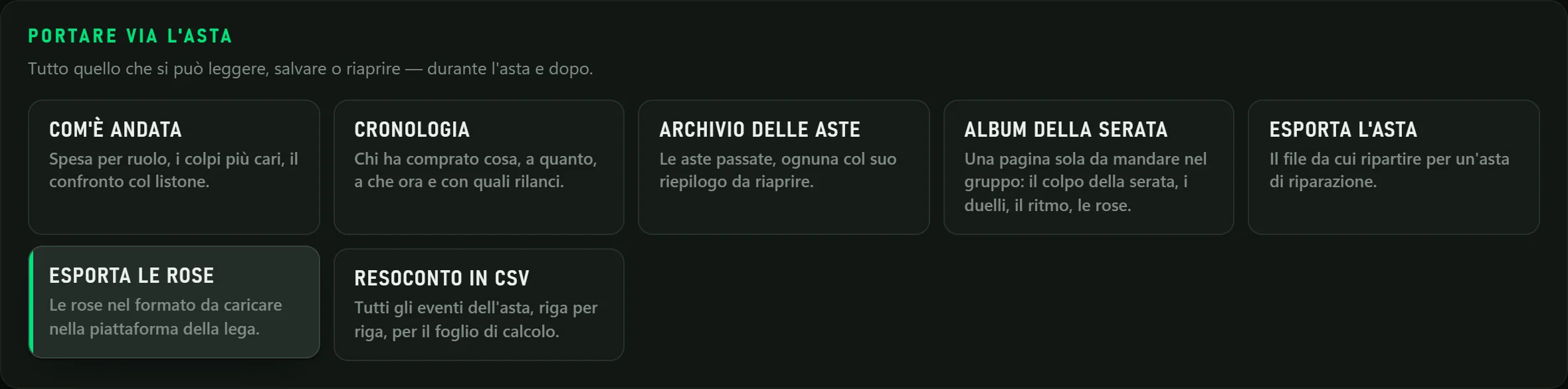 Sezione Portare via l'asta con il comando Esporta le rose evidenziato