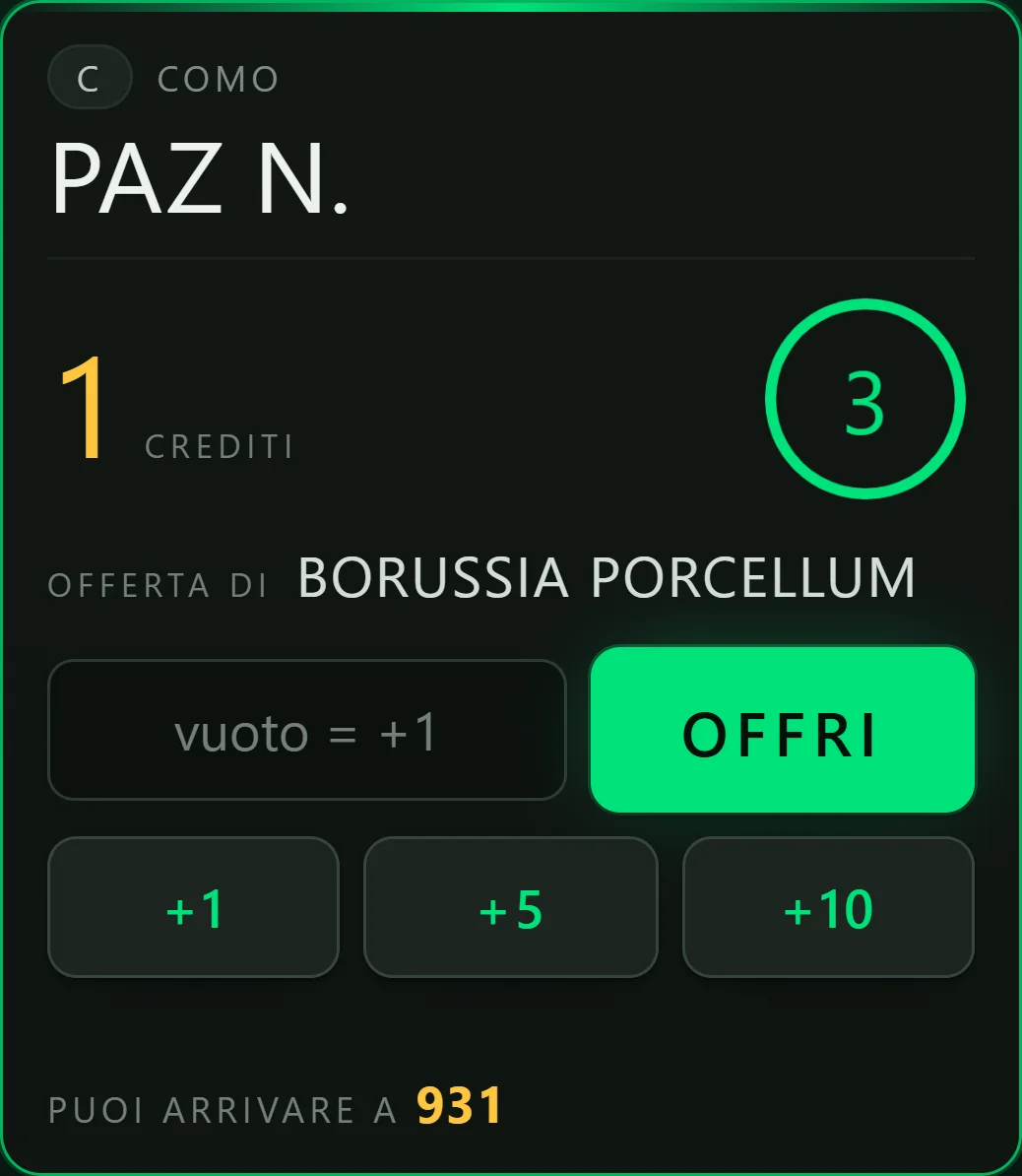 Schermata del telefono per offrire: prezzo, countdown, pulsante Offri e rilanci da 1, 5 e 10